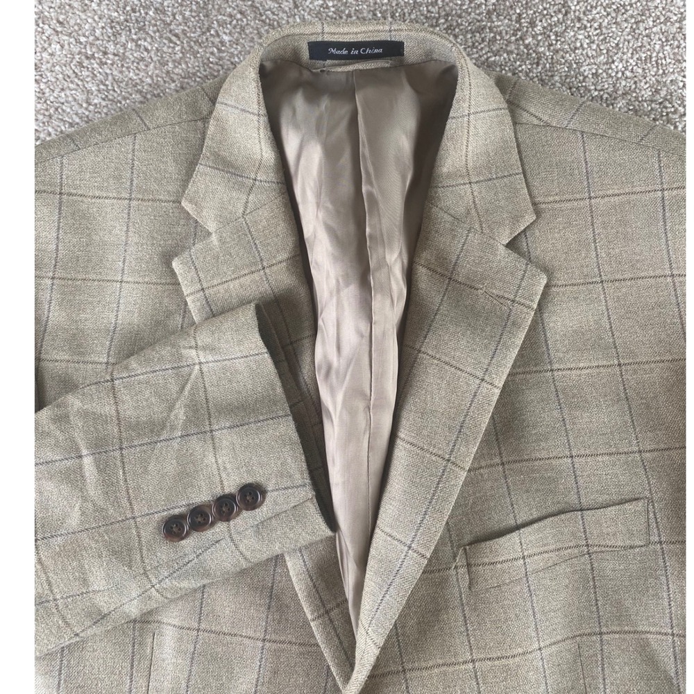 Lauren Ralph Lauren Tan Windowpane Silk Wool Blazer Sport Coat 44R Mens